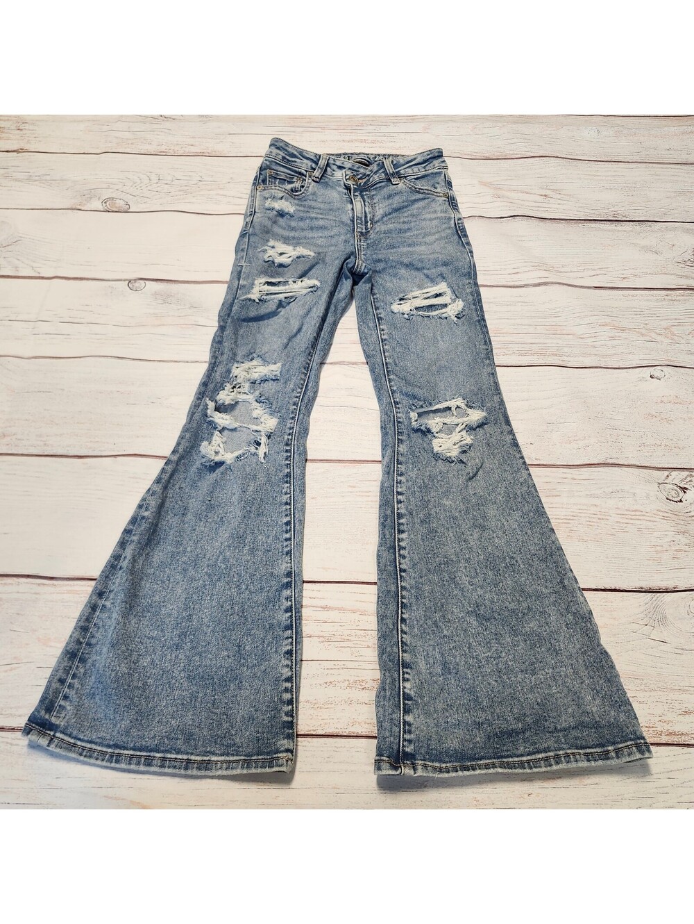 American Eagle Super Hi-Rise Flare Distressed Jeans Blue Size 0